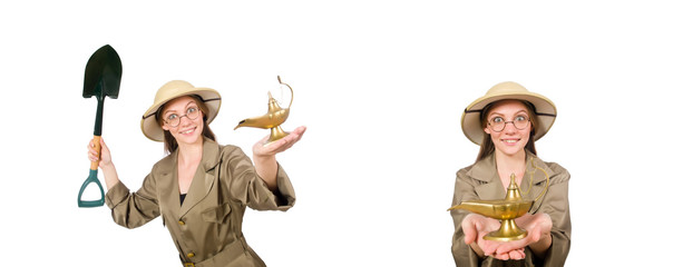 Woman wearing safari hat on white