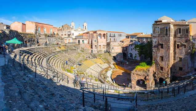 Panoramic view of ruins of the Roman theater of Catania (Teatro romano di Catania). Located in the historical center of Catania city, Sicily, Italy