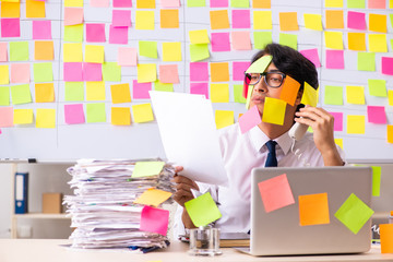 Young employee in conflicting priorities concept