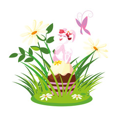 cute rabbit easter female with egg painted in the camp