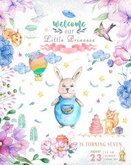 Cute happy birthday card with cartoon Bunny. Watercolor rabbit clip art and beauty boho pink...