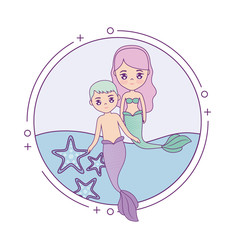 cute couple mermaids with sea in frame circular