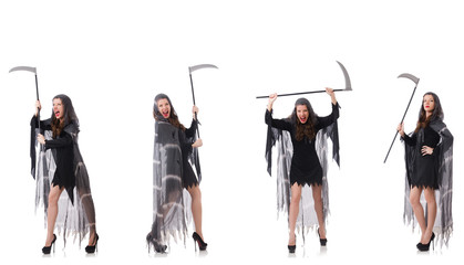 Woman with scythe isolated on white
