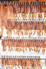 Sun dried squid row on cart. Squids dry on the beach. Traditional grilled snack sold in local market.