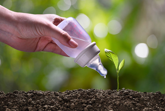 Concept image of young plant being cared for and watered by baby water bottle on nature background