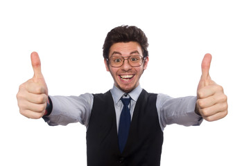 Young businessman in funny concept on white