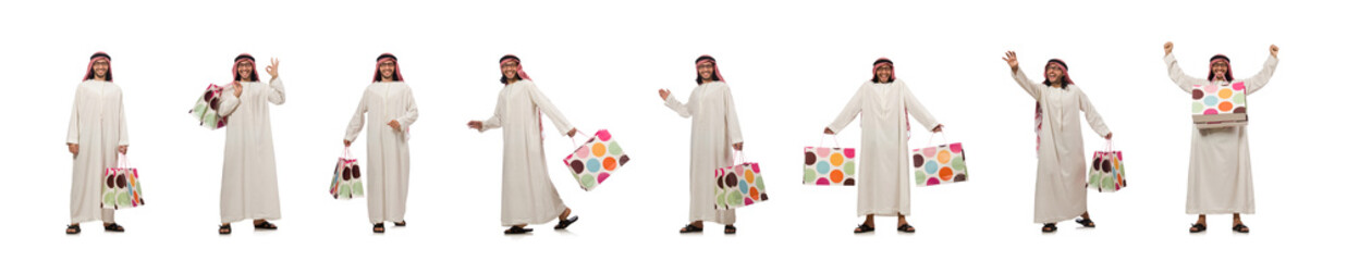 Arab man with shopping bags on white