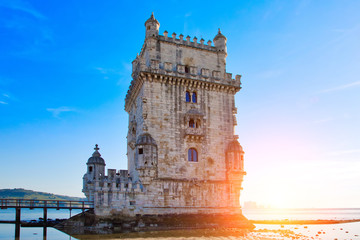 Lisbon, Belem Tower at sunset on the bank of the Tagus River