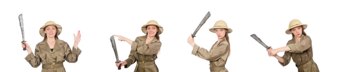 Woman wearing safari hat on white