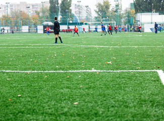 Boys in red white blue sportswear running on soccer field. Young footballers dribble and kick football ball in game. Training, active lifestyle, sport, children activity concept