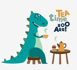 Cute dinosaur drinking tea on the table. Tea time vector concept