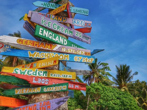 Colorful wooden direction sign on other countries by kilometer distance away.