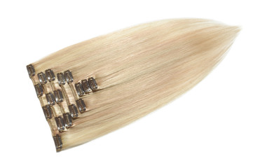 Clip in straight auburn blend with blonde  highlights human hair extensions