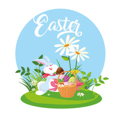 rabbit with eggs of easter with basket in garden