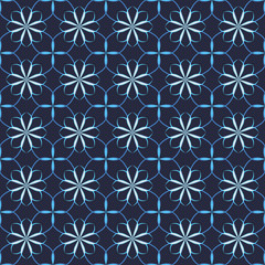 Seamless vector floral pattern based on Arabic geometric ornaments in blue and black colors. Endless abstract background