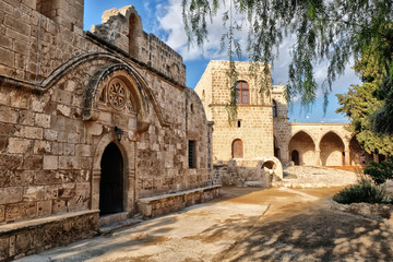 Fototapeta na wymiar Colorful beautiful image of the ancient monastery yard, Ayia Napa, Cyprus.