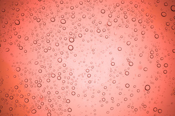 Rain droplets on red glass background, Water drops on glass.