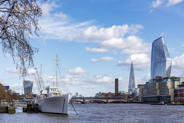 LONDON, UK - MARCH 11 : HMS Wellington moored on the River Thames in London on March 11, 2019