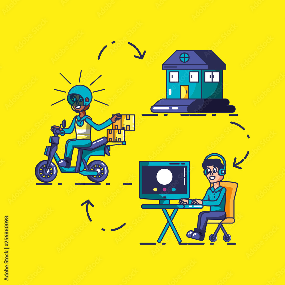 Aufkleber delivery service worker with computer and icons