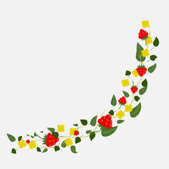 Corner pattern of leaves, raspberry and yellow flowers