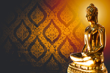 Thai asian golden buddha with Thai vintage pattern temple arts background beautiful with space for text.