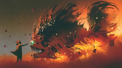 Papier Peint photo Lavable Grand échec sorcier invoquant une créature de poisson géante avec magie du feu, style art numérique, peinture d& 39 illustration
