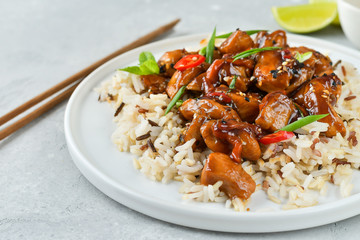 teriyaki chicken's  with chili pepper and sesame seeds, with rice. on a white plate, copy space, selective focus, Asian cuisine, Chinese cuisine,  food flat lay. light background, recipe background