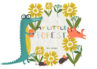Cute Animals Crocodile and Tiger happy in Garden pattern. Vector illustration.
