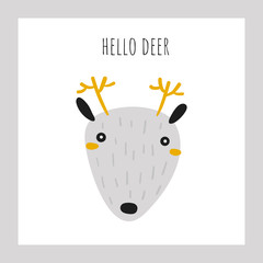 Cute doodle hand drawn poster, card, postcard with deer face.