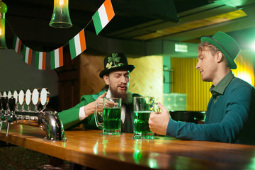 Dark-haired bearded young man in a leprechaun hat and his friend talking in the pub