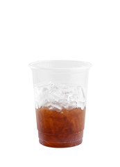 Cola in plastic cup with ice isolated on white background