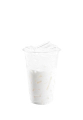 sweet milk in plastic cup with ice isolated on white background