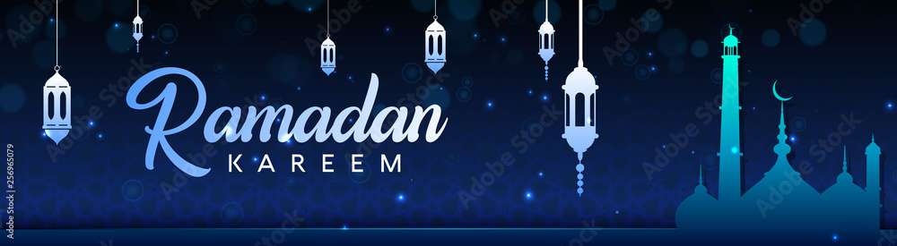 Poster ramadan kareem islamic header design template. realistic blue islamic pattern with mosque and lamp. 