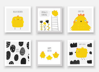 Cute doodle easter cards, postcards, tags, posters with eggs, chicken, flowers, ladder, clouds, sky.