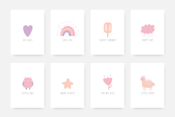 Cards, postcards, tags, covers with animals, pony, owl, heart, rainbow, ice cream, star, flower, cloud character.
