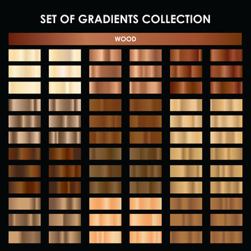 Set of wood gradient. Mega collection of brown gradient illustrations for backgrounds, cover, frame, ribbon, banner, coin, label, flyer, ring.