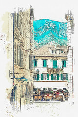 Watercolor sketch or illustration of the view of the traditional street in Kotor in Montenegro. Ahead is a street cafe with people.