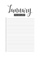 January To Do List. Vector Template for agenda, planners and other stationery. Organizer, planner for study, school or work. Handwritten lettering.