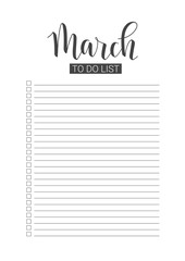 March To Do List. Vector Template for agenda, planners and other stationery. Organizer, planner for study, school or work. Handwritten lettering.