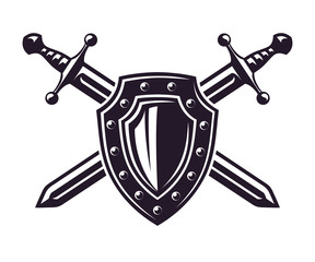 Monochrome vintage icon, crossed swords and knight shield. Simple shape for design logo, emblem, symbol, sign, badge, label, stamp. Hand drawn vector illustration, isolated on white background.