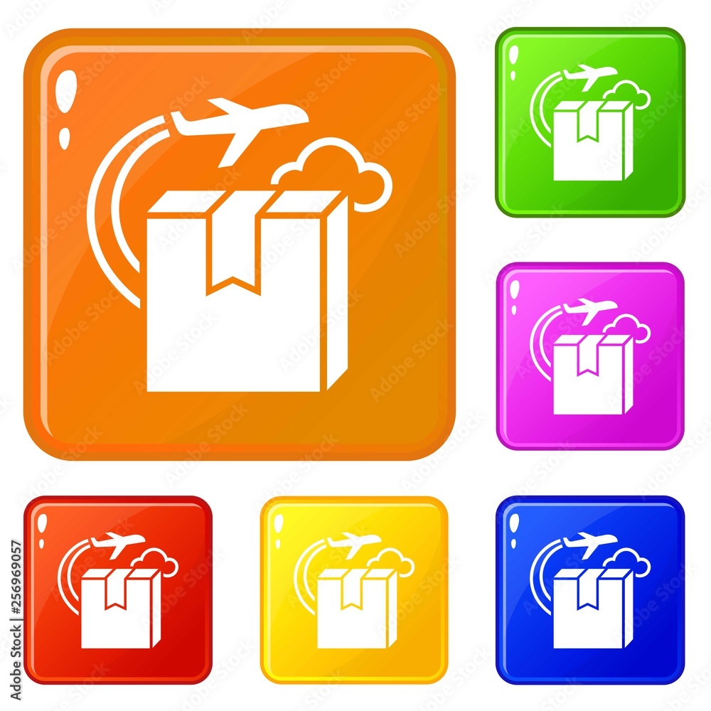 Poster plane delivery box icons set collection vector 6 color isolated on white background