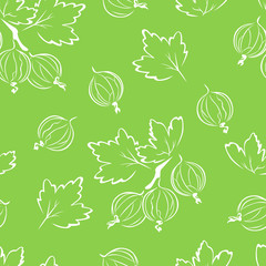 Gooseberry seamless pattern on green background. Vector simple illustration with berries and leaves.