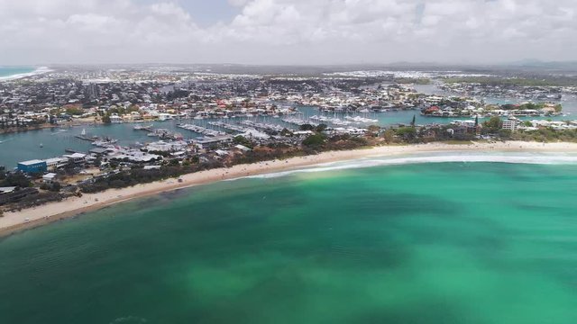 Drone view of famous Mooloolaba beach and marina