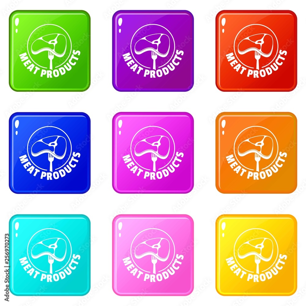 Aufkleber meat products icons set 9 color collection isolated on white for any design