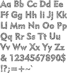 black font and alphabet. Abc, english letters and numbers. Drawn along the contour with the structure inside