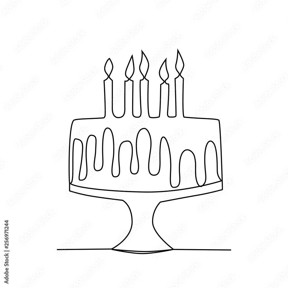 Poster drawing a continuous line. birthday cake with candles - Posters