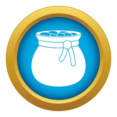 Bag full of gold coins icon blue vector isolated on white background for any design