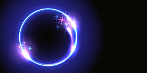 Fantastic background with neon round frame, sparkle stars and space portal into another dimension