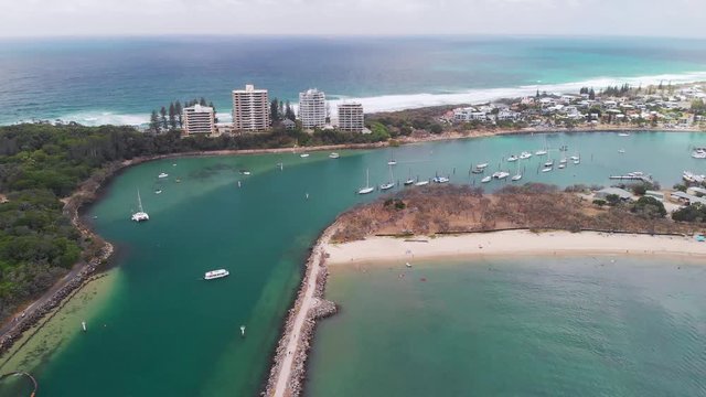 Drone view of famous Mooloolaba beach and marina