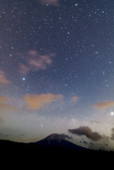 富士山と牧草地と天の川が見える夜空（縦写真）